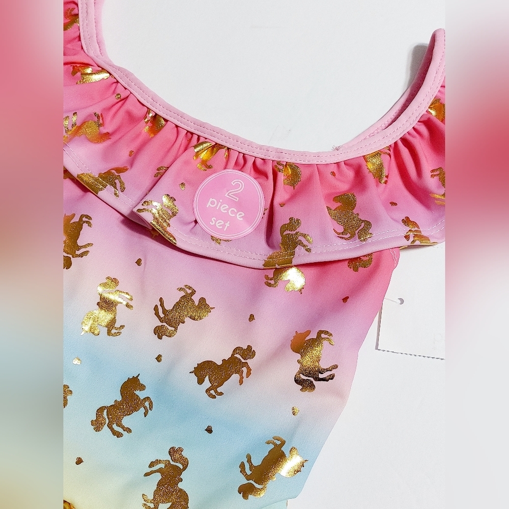 Girls Unicorn Ombre 2-Piece Swimsuit Ruffle Top Gold Foil Print Size 12 NWT - Picture 4 of 7